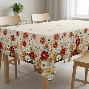 Floral Tablecloth – Oil Painting Style, Scalloped Edge Polyester Cover