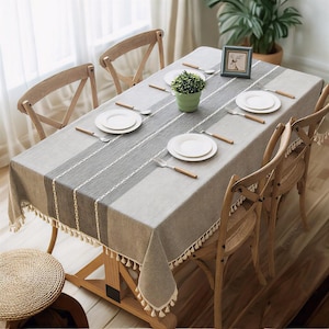 Linen Cotton Tablecloth – Waterproof Farmhouse Table Cover, Rectangular Dining Table Cloth, Kitchen Decor, Beige