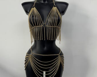Gold Body Chain – Layered Festival Jewelry, Statement Chain Harness, Summer Outfit Accessory  set