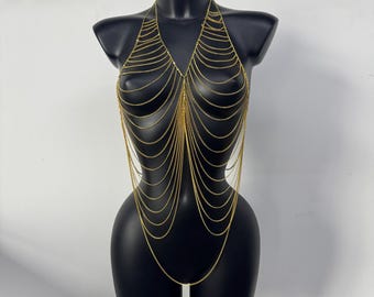 ゴールドボディチェーンハーネス、ラグジュアリーな重ね付けゴールドボディジュエリー、ステートメントフェスティバルチェーン、バーニングマンジュエリー、クラブウェアボディチェーン