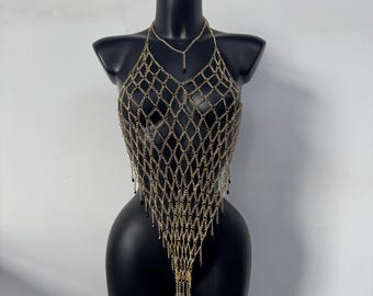 Cadena corporal con borla dorada: Arnés para bikini hecho a mano para festivales.