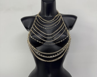 Gold Chain Bra Jewelry Body Chain Bra Festival Jewelry Rave Outfit Joy Underwear Party Jewelry Performance Outfit Bikini Body Chain Layered