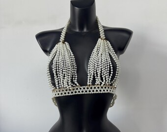 Catena per il corpo fatta a mano con perle, gioielli da sposa per le spalle, mantello di perle, gioielli per il corpo con perle, catena per il corpo con perle, top con perline di perle, collana per le spalle