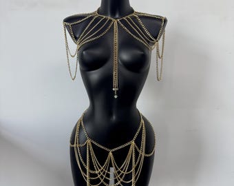 Body chain jewelry festival rave outfit accessory, gold body chain harness festival outfit, gold body chain for women exotic dancewear