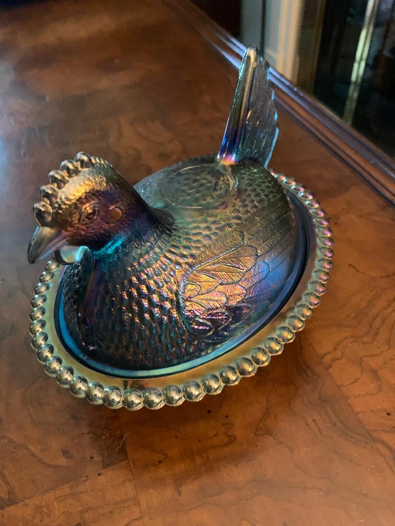 Indiana Glass Hen on Nest Iridescent Teal Purple Carnival Glass