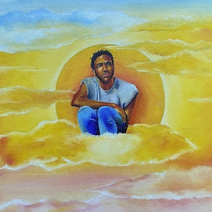 May include: Oil painting of a person sitting in the clouds, with a bright yellow sun-like circle behind them. The person is wearing a gray sleeveless shirt and blue jeans. The sky is a mix of blue, yellow, and orange.