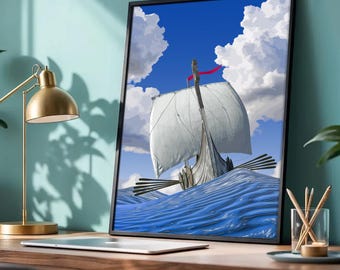 Navio viking em mar azul cristalino, ilustração de paisagem marítima brilhante, arte marítima nórdica, download digital
