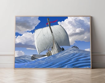 Navio viking em mar azul cristalino, ilustração de oceano vibrante, impressão de paisagem marinha, arte marítima nórdica, download digital