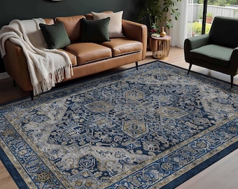 Traditional Medallion Living Room Rug with warm blue and gray tones