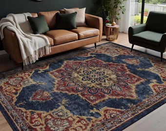 Vintage Navy Blue Classic Rug, Oriental Patterned Living Room Rug, with Burgundy & Cream Details, Suitable for Modern and Traditional Decor.