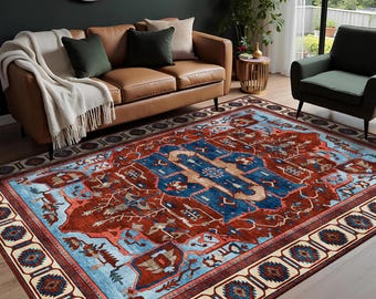 Vintage Turkish Area Rug – Blue & Rust Oriental Medallion Rug, Traditional Anatolian Style Living Room Carpet