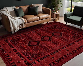 Afghan Style Red Rug, Washable Oriental Carpet