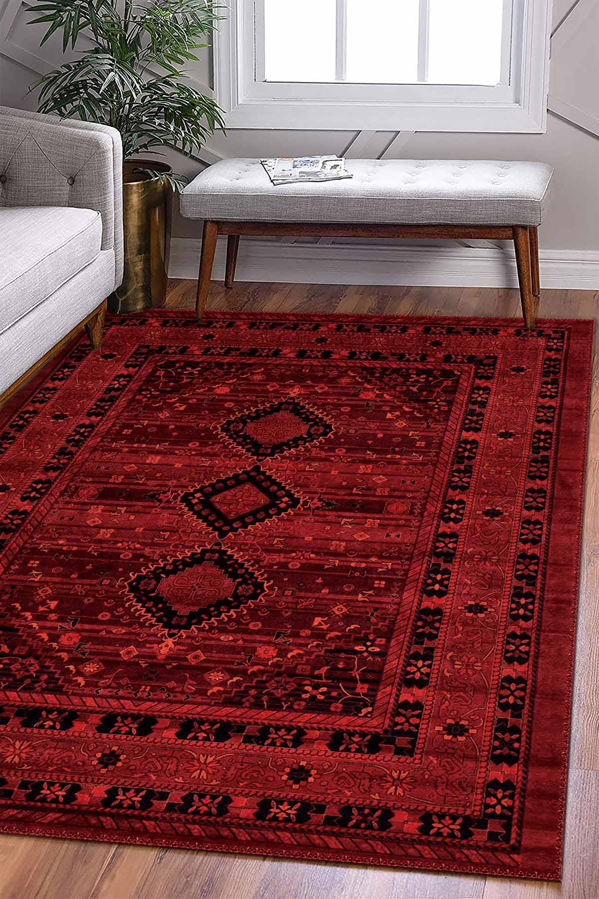 Afghan Style Red Rug, Washable Oriental Carpet - Etsy