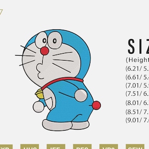 May include: A machine embroidery file featuring a cartoon character in blue, with a red collar and a bell. The image includes size details in inches, ranging from 6.21" x 5.24" to 9.01" x 7.60". The text "MACHINE EMBROIDERY FILES" is at the top.