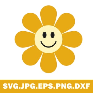 May include: A graphic illustration of a flower with eight rounded golden-yellow petals surrounding a pale yellow circular center. The center features a simple black smiley face with two oval eyes and a curved mouth. Text below reads SVG.JPG.EPS.PNG.DXF.