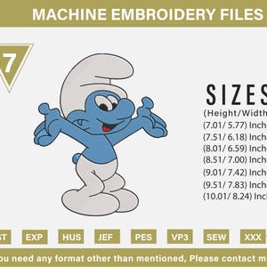 Puede incluir: Archivo de bordado a máquina con un personaje de dibujos animados azul con sombrero y pantalón blancos. La imagen incluye opciones de tamaño que van desde 17,8 x 14,6 cm hasta 25,4 x 20,9 cm. El texto en la parte superior dice "MACHINE EMBROIDERY FILES".