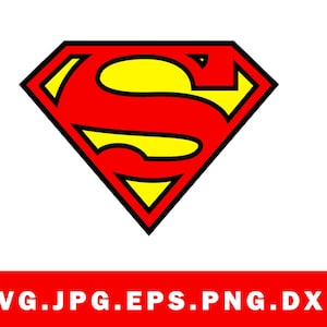 May include: The iconic Superman logo, a red diamond shape with a yellow 'S' inside, outlined in black. The image includes the text 'SVG.JPG.EPS.PNG.DXF' in a red banner at the bottom, set against a white background.