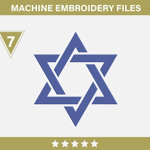May include: A blue Star of David embroidery design. The six-pointed star is centered on a white background. The text "MACHINE EMBROIDERY FILES" is at the top, and a gold triangle with the number 7 is in the upper left corner.