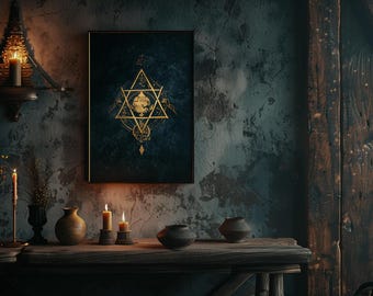 Digitale kunstdruk oud symbool – Mythic gouden muurdecoratie