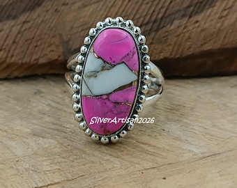 Pierścionek ze srebra próby 925 z turkusem i watą cukrową, różowa biżuteria, wyjątkowy pierścionek w stylu boho