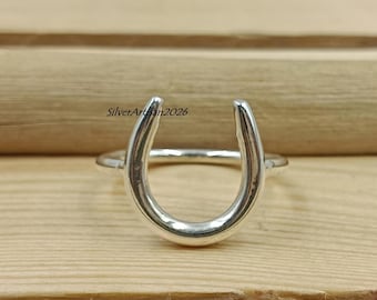 スターリングシルバー製ホースシューモチーフのステートメントリング、ボヘミアン風サムバンド、ハンドメイド、高光沢仕上げ