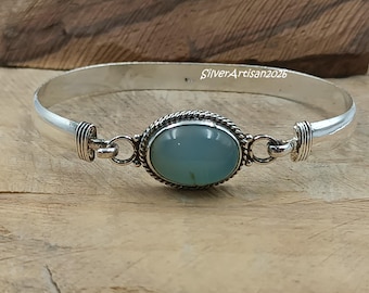 Bracelet jonc calcédoine turquoise | Manchette réglable en argent sterling avec pierres précieuses