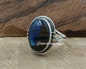 Oval Labradorite Sterling Silver Ring | Wide Band Statement Jewelry
