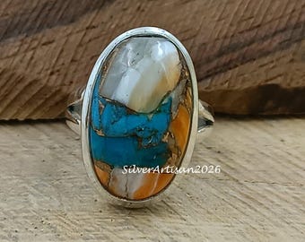 Anillo de turquesa con ostra espinosa / Anillo de plata de ley con diseño de cuerda, estilo bohemio occidental.