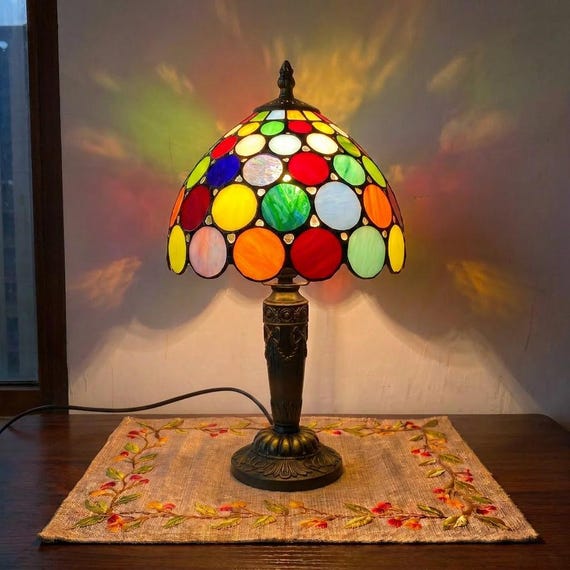 Polka Dot Tiffany Table Lamp, Handmade Mosaic Stained Glass Lamp, Colorful Bedroom & Living Room Decor, Boho Bedside Lamp, Home Decor Gifts