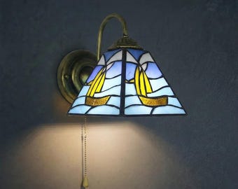 Sailboat Stained Glass Wall Sconce, Handmade Tiffany Wall Lamp, Coastal Hallway & Bathroom Decor, Pull Chain Wall Light, Beach House Gifts