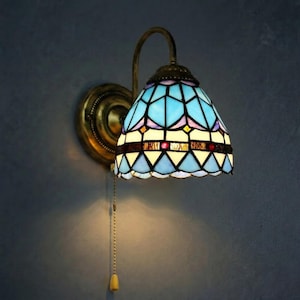 Mediterranean Stained Glass Wall Sconce, Blue Mosaic Tiffany Wall Lights, Colorful Glass Wall Lamp, Pull Chain Bedroom Sconce, Vintage Decor