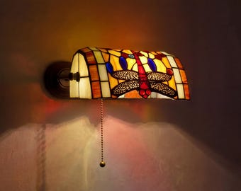 Dragonfly Tiffany Wall Sconce, Stained Glass Banker Wall Lamp, Reversible Pull Chain Wall Light, Vintage Vanity Sconce, Art Deco Wall Decor