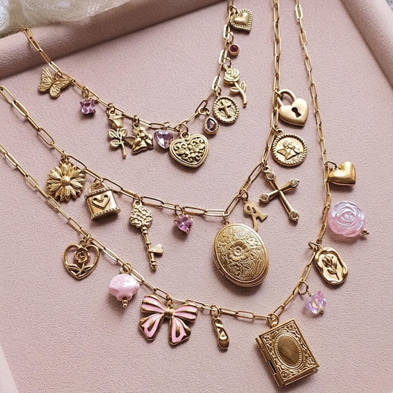 Gold Charm Necklace, Custom Charm Necklace, Vintage Locket Charms, Choose Your Charms, 18K Gold Jewelry Gift, Layering Necklace