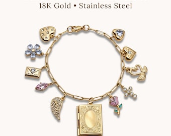 Custom Locket Charm Bracelet, 18K Gold Stainless Steel, Build Your Own Personalized Jewelry, Waterproof Tarnish Free, Best Friend Gift