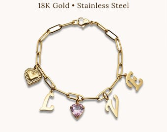 Build Your Own 18K Gold Charm Bracelet, Personalized Multi Charm Jewelry, Waterproof Tarnish Free, Gift for Mom, Birthday Gift
