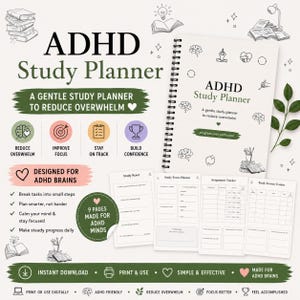 Op de afbeelding: ADHD Study Planner met een spiraalbinding, met de tekst "ADHD Study Planner" en "A gentle study planner to reduce overwhelm." De planner bevat secties voor studie focus, taak tracking en studiesessies. Het ontwerp bevat iconen en de zin "Designed for ADHD brains."