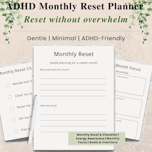 ADHD Monthly Reset Planner | Gentle Monthly Reflection & Planning | Printable PDF | Digital Download