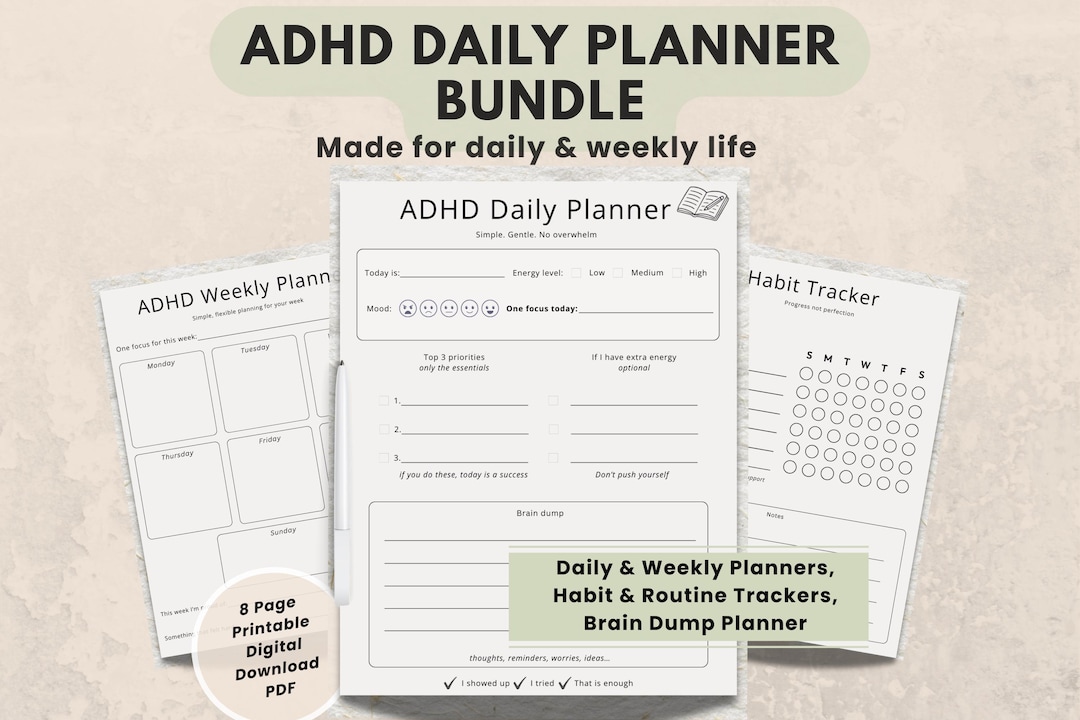 ADHD Daily & Weekly Printable Planner Bundle | Editable Brain Dump ...