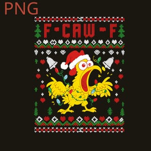 May include: Black graphic t-shirt featuring a yellow cartoon bird wearing a Santa hat and Christmas lights. The text "F-CAW-F" is at the top, with a festive pattern of trees, bells, and hearts.