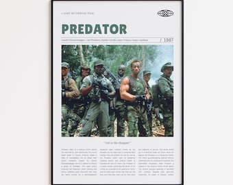 Puede incluir: Un póster enmarcado de la película "Predator" con Arnold Schwarzenegger y otros actores. El póster tiene un marco negro e incluye el título de la película, el año 1987 y la cita "Get to the chopper!"