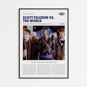 May include: A framed movie poster for "Scott Pilgrim vs. The World" featuring a cast photo and the film's title. The poster includes the film's title, cast, and the year 2010. The poster has a black frame.