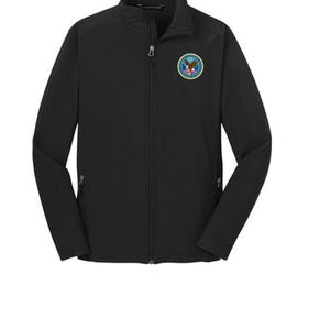 May include: Black softshell jacket with a full-length zipper and a stand-up collar. The jacket features a colorful embroidered patch on the left chest. The patch has a blue and yellow eagle design.