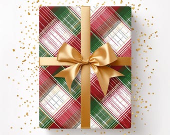 May include: A wrapped gift with a red, green, and white plaid pattern. The gift is tied with a gold ribbon and bow. Gold confetti is scattered around the gift on a white background.