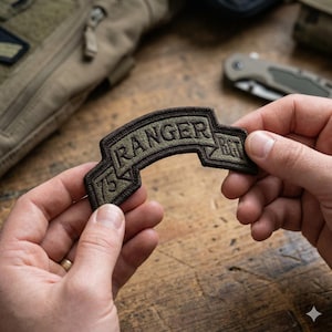 May include: An olive green and brown embroidered patch with the word "RANGER" arched across the top. The number "75" and the letters "RGT" are also visible. The patch is held between two hands.