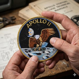 May include: Embroidered patch with the text "APOLLO 11" and an eagle landing on the moon. The patch features a gold border and is held in a person's hands. The eagle has brown and white feathers, with blue accents.