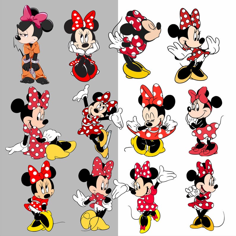 Puede incluir: Una colecci&oacute;n de ilustraciones de dibujos animados de Minnie Mouse en varias poses. Minnie Mouse se representa con orejas negras, un lazo rojo y un vestido de lunares rojos y blancos. El fondo est&aacute; dividido en secciones grises y blancas.