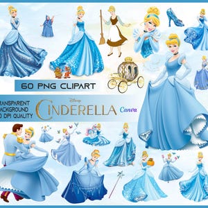 May include: A collection of 60 PNG clipart images featuring Cinderella in various poses and outfits. The images include Cinderella in her iconic blue ball gown, a glass slipper, a carriage, and other related characters and elements. The text "Cinderella" is displayed.