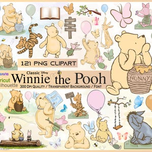 Op de afbeelding: Een verzameling Winnie de Poeh thema clipart afbeeldingen. De illustraties tonen Winnie de Poeh, Knorretje, Tijger, Iejoor en andere personages, samen met honingpotten, ballonnen en vlinders. De tekst "121 PNG Clipart" is zichtbaar.