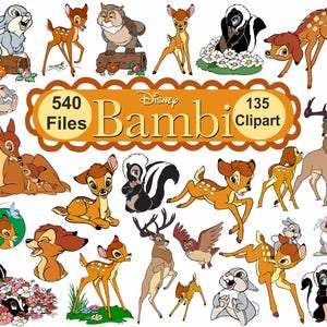 May include: A digital collection of Disney Bambi clipart featuring various illustrations of the fawn, Thumper the rabbit, Flower the skunk, and other forest animals. The central orange banner displays the text 540 Files Disney Bambi 135 Clipart.