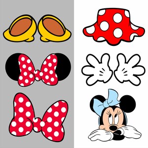 Puede incluir: Una colecci&oacute;n de elementos de personajes de dibujos animados, que incluyen zapatos amarillos, una falda roja con lunares, guantes blancos, lazos rojos con lunares y una cara de personaje con un lazo azul.